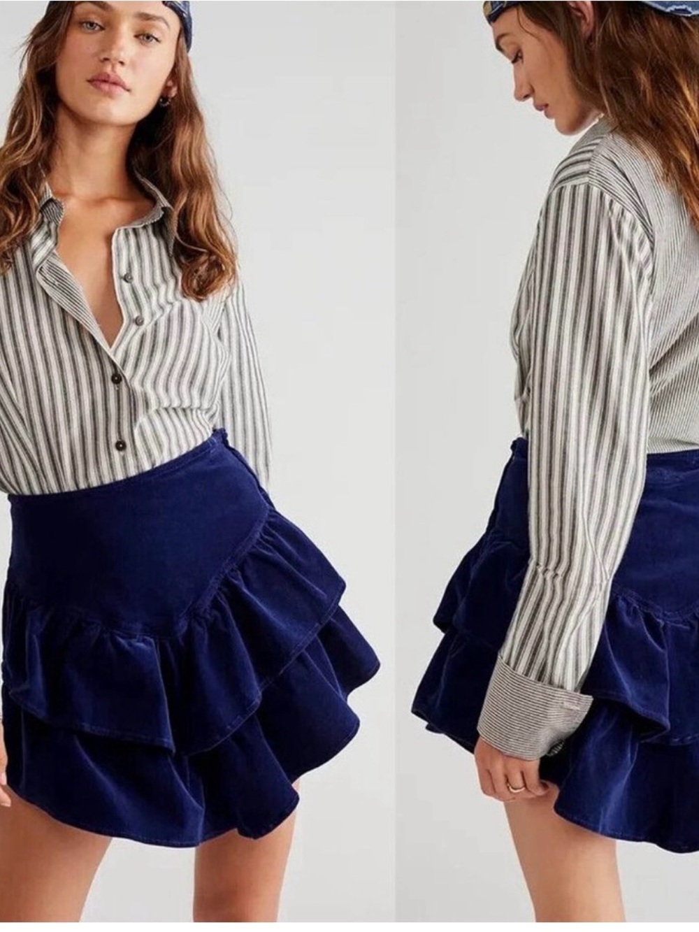 Mother The Ruffle Mini Skirt Blueprint Navy Corduroy Tiered Size 31 Coquette